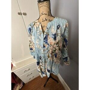 Roaman’s  Plus 16W Cotton Blue Floral Long Sleeve Tunic Blouse Lightweight